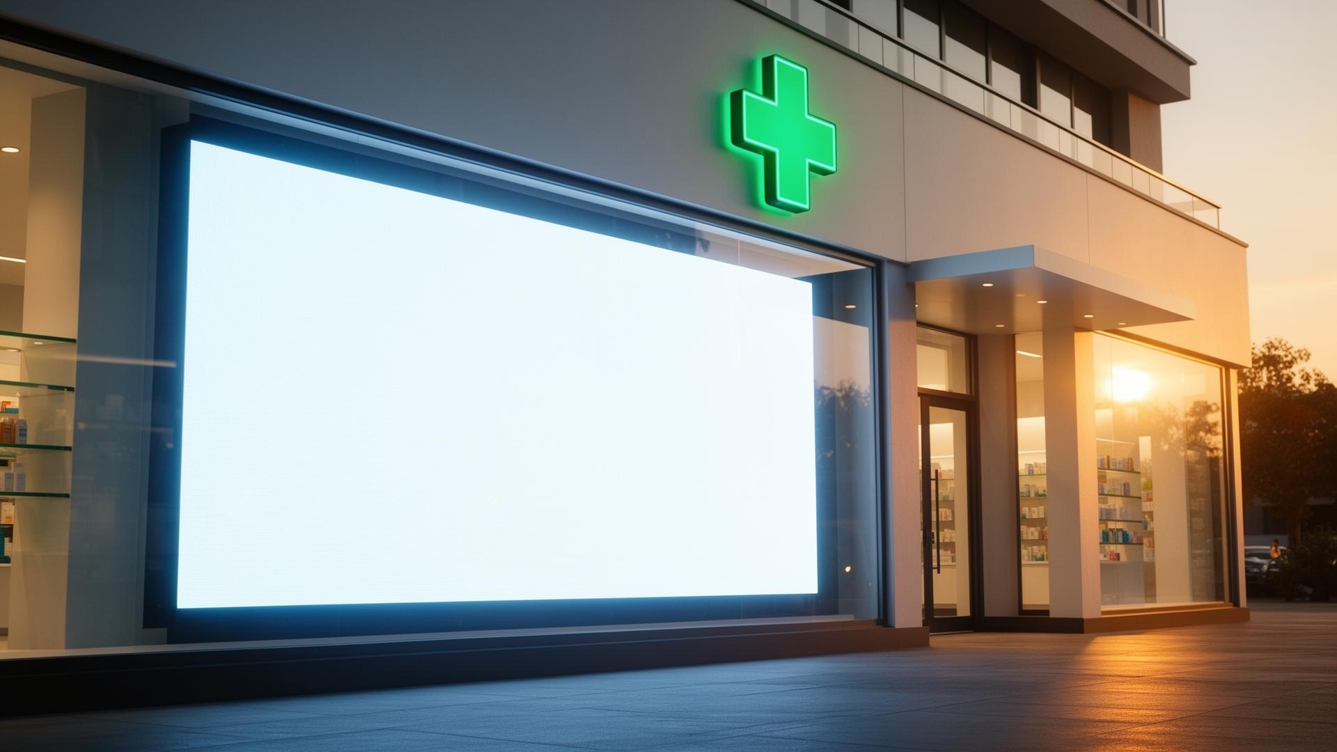 Pantalla LED instalada en escaparate de farmacia en Canarias